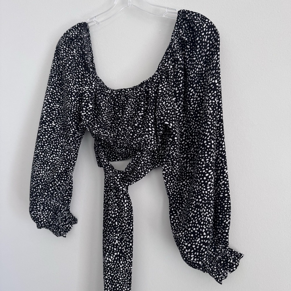Altar'd State Black Polka Dot Tie Back Crop Top Small Puff Sleeve